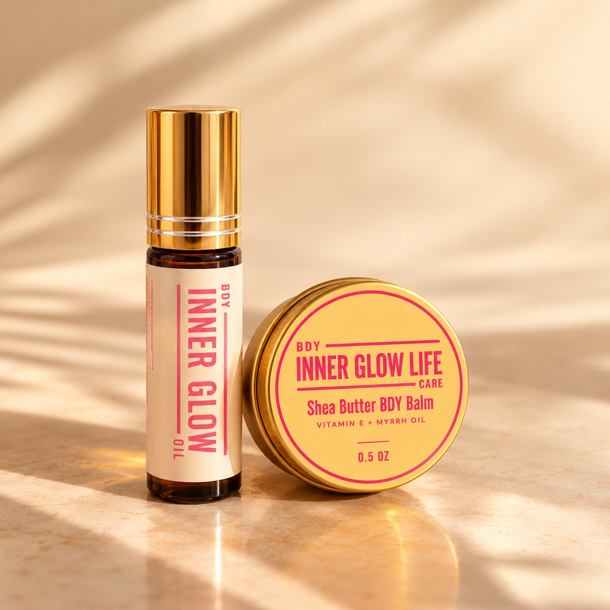 Inner Glow Life Pocket Glow Bundle with Signature BDY Oil 10ml roller bottle and Shea Butter BDY Balm 0.5 oz gold tin