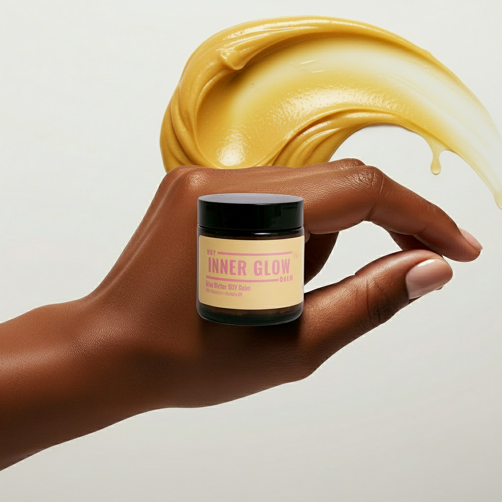 Hand holding a jar of 'Inner Glow' with yellow cream being applied above it on a light background