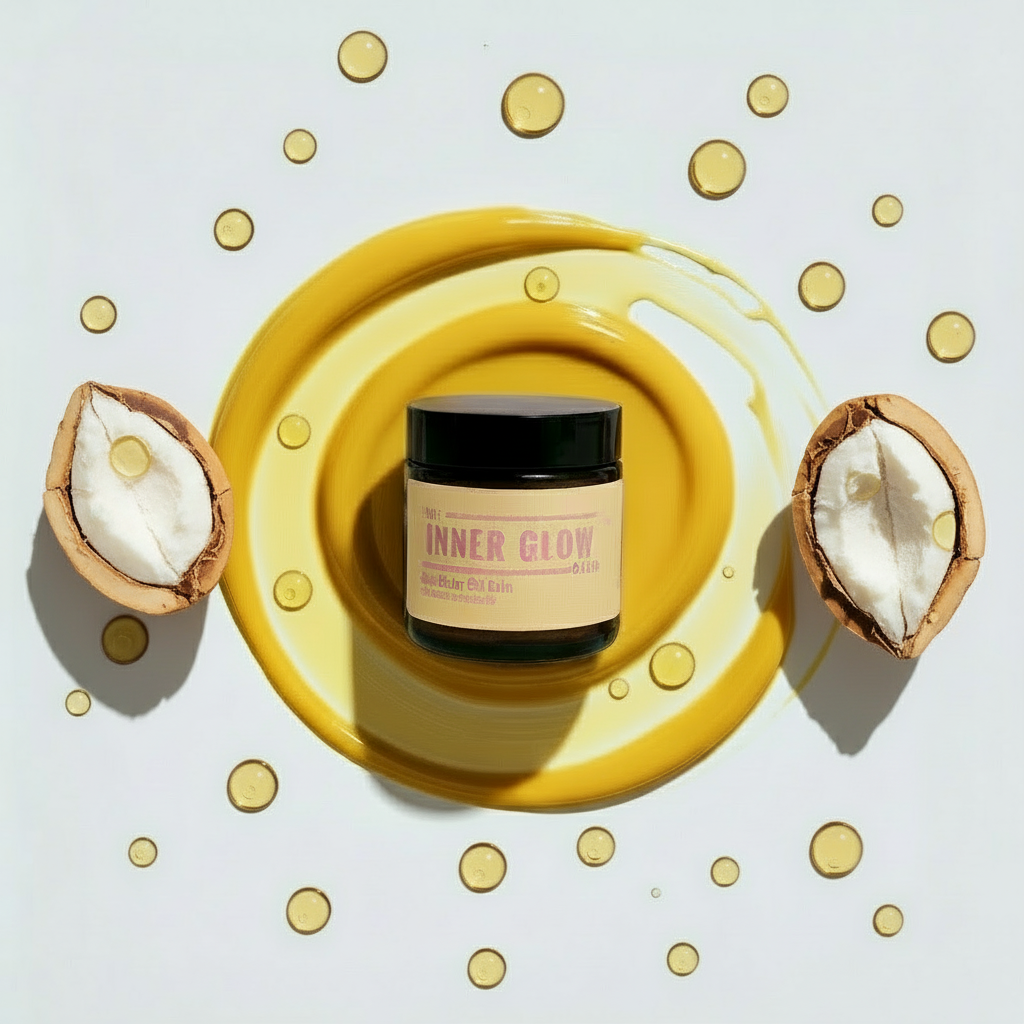 Jar of 'Inner Glow' on a yellow circular background